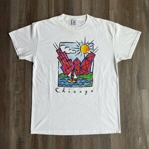 Vintage 1997 Chicago City Skyline Colorful Art White Souvenir Tee